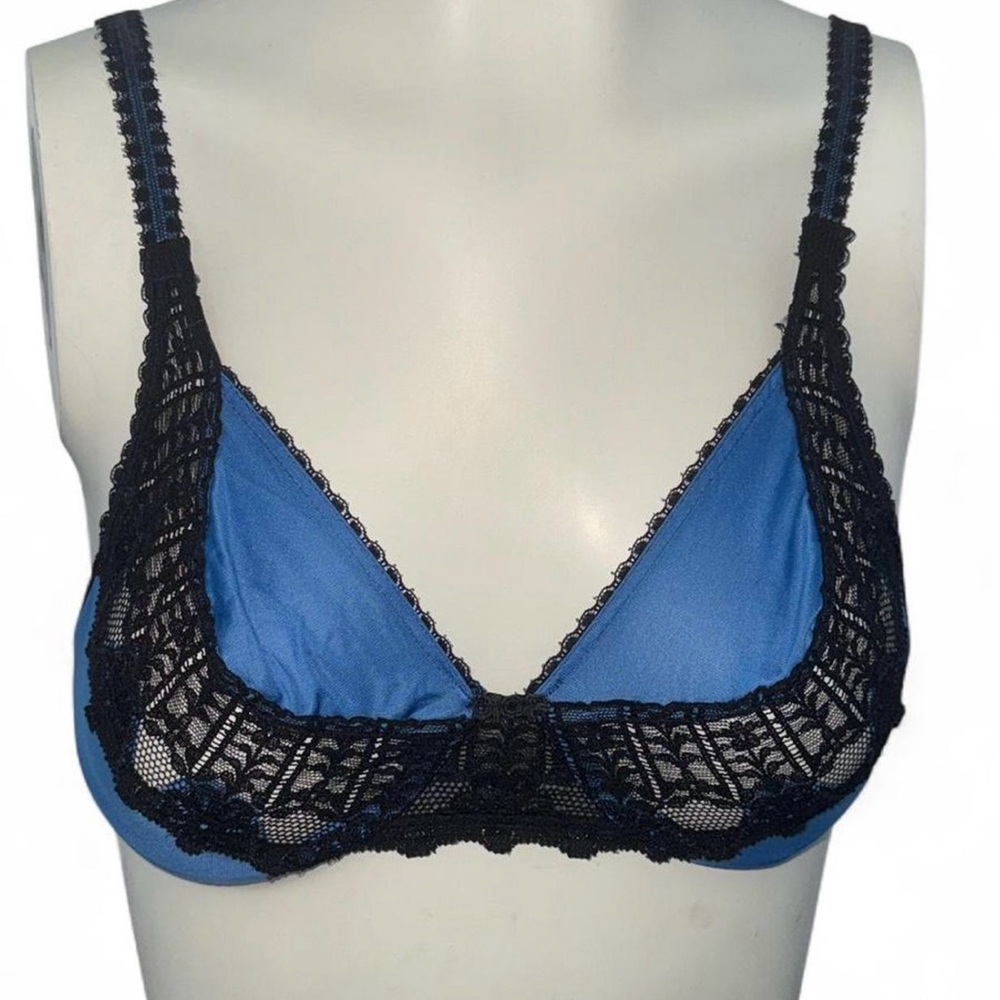 Vintage Christian Dior Blue Satin Bralette with Black Lace Trim Women’s 32C